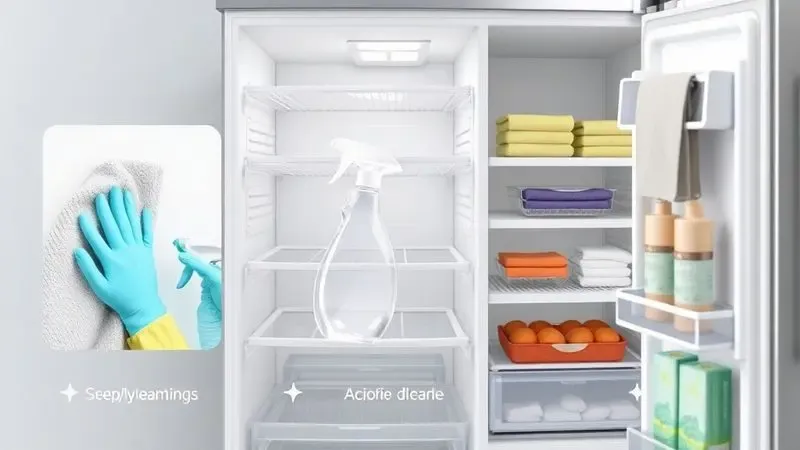 Ilustração 3D do processo passo a passo de limpeza da geladeira para eliminar mau cheiro.
