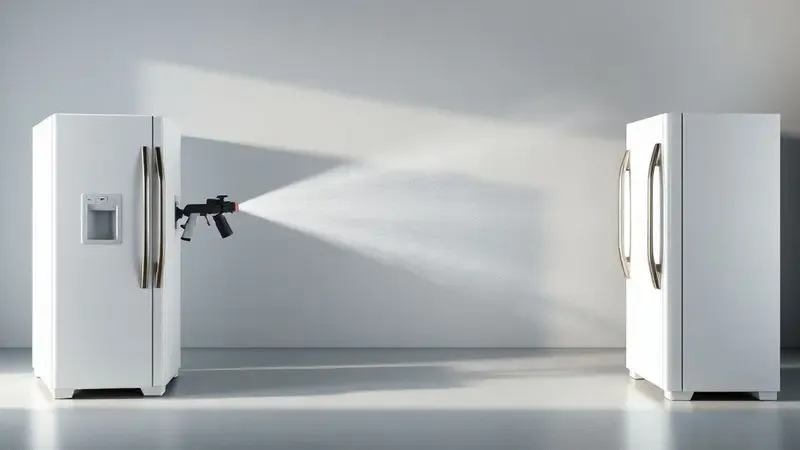 Técnica correta de pintura com spray em geladeira, mostrando movimento uniforme e distância adequada para camadas finas