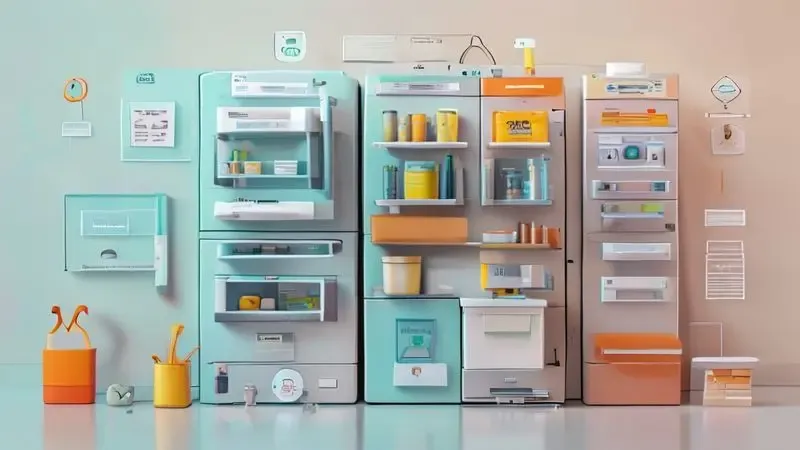 Ilustração conceitual mostrando etapas simbólicas de preparação de geladeira para remoção segura e sustentável.