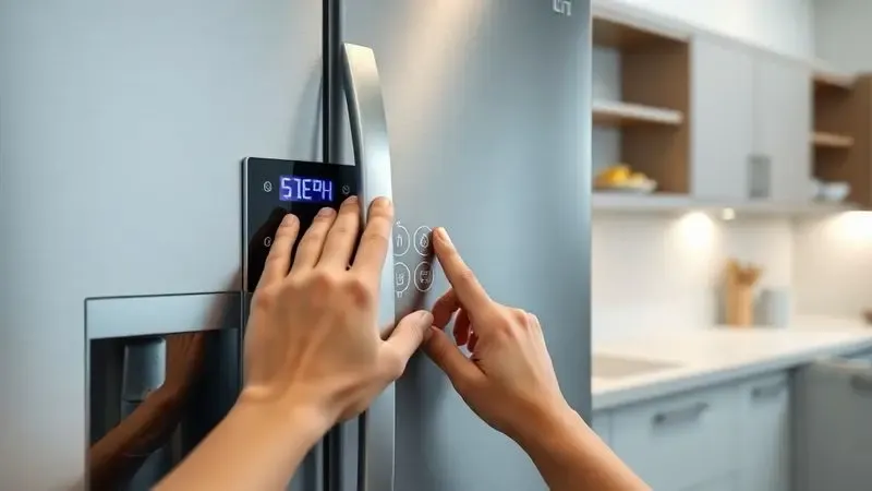 Ilustração passo a passo mostrando como pressionar botões no painel digital da geladeira para fazer reset