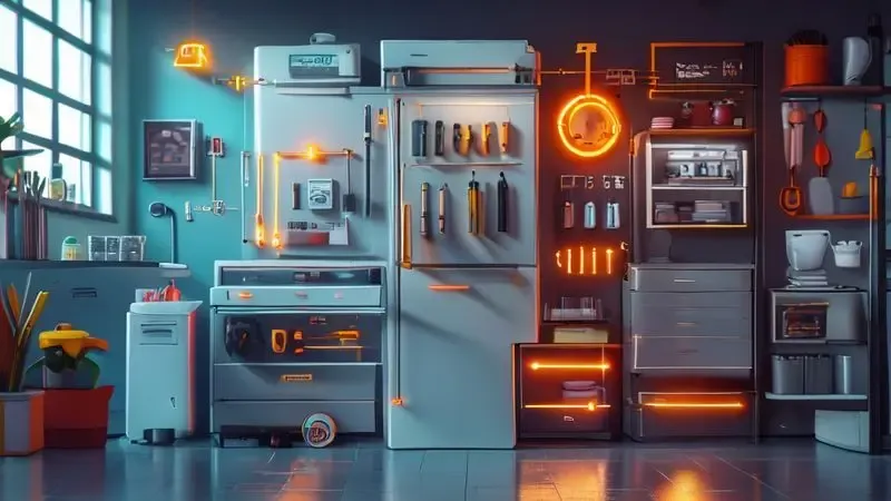 Ilustração conceitual do processo de troca de placa de geladeira com ferramentas e componentes
