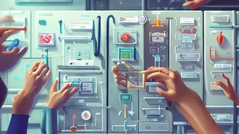 Ilustração conceitual de passo a passo para resolver problema de luz piscando
