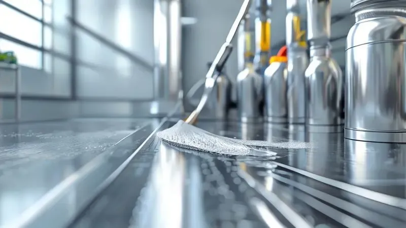 Ilustração conceitual dos passos para limpar superfície inox sem deixar manchas seguindo direção do grão