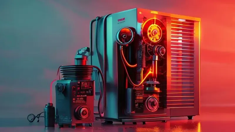 Ilustração conceitual dos perigos de conta de luz alta e motor superaquecido em geladeira que não desliga
