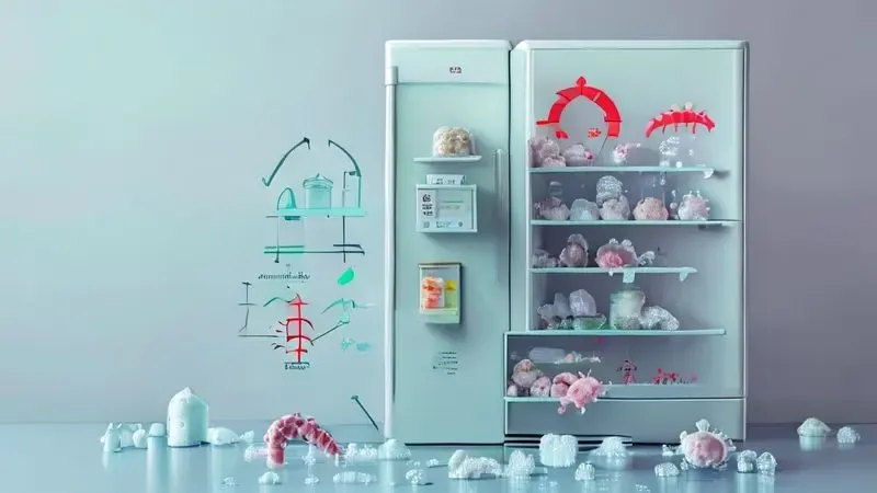 Conceito visual mostrando problemas de eficiência energética e higiene ao ignorar descongelamento da geladeira