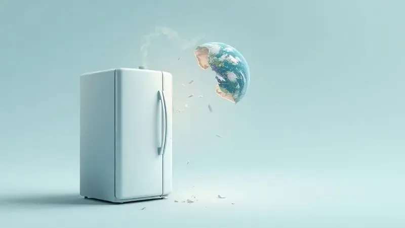 Ilustração artística de gases nocivos escapando de geladeira e atingindo camada de ozônio, representando impacto ambiental.
