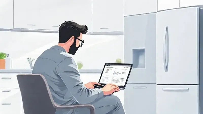 Ilustração digital de uma pessoa pesquisando análises de geladeiras e reputação da marca em um notebook na cozinha.