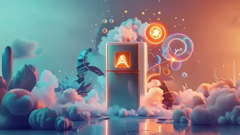 Ilustração conceitual mostrando uma geladeira com símbolo de perigo ambiental, representando a necessidade de descarte especial.