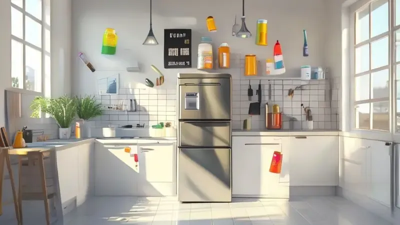 Conceito de reforma de geladeira com elementos de custo-benefício e materiais de pintura