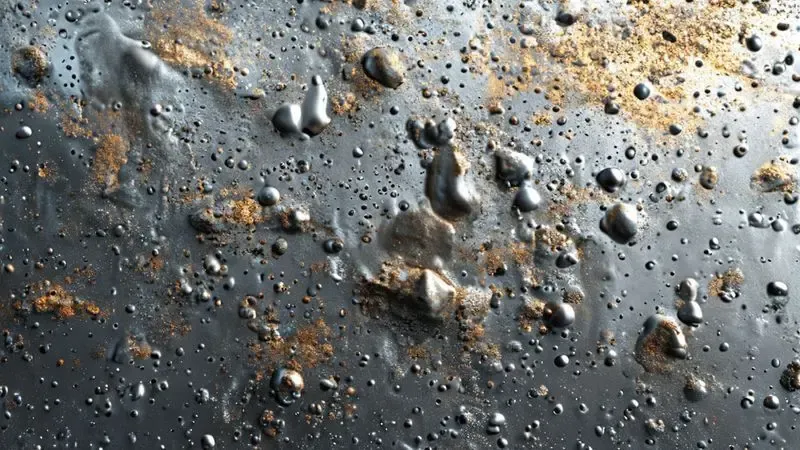 Ilustração conceitual do processo de oxidação e perda de brilho do aço inoxidável em nível microscópico.