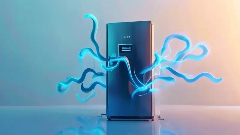 Ilustração conceitual mostrando fluxo de energia e segurança ao desligar geladeira corretamente