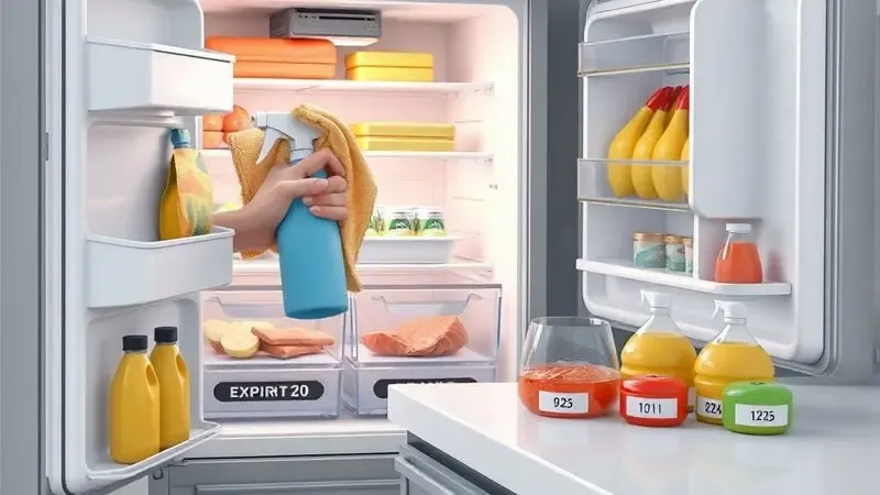 Cena ilustrativa de limpeza e triagem de alimentos por validade na organização da geladeira
