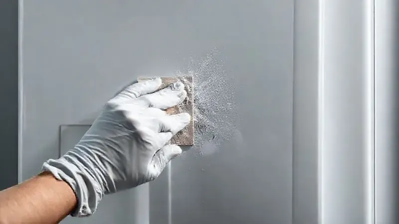Mãos utilizando luvas lixando e preparando a superfície de uma geladeira para receber a nova camada de tinta spray.