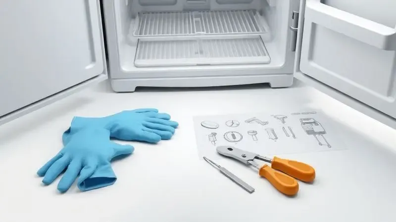 Cena conceitual de preparação para manutenção da geladeira com ferramentas e equipamentos de segurança