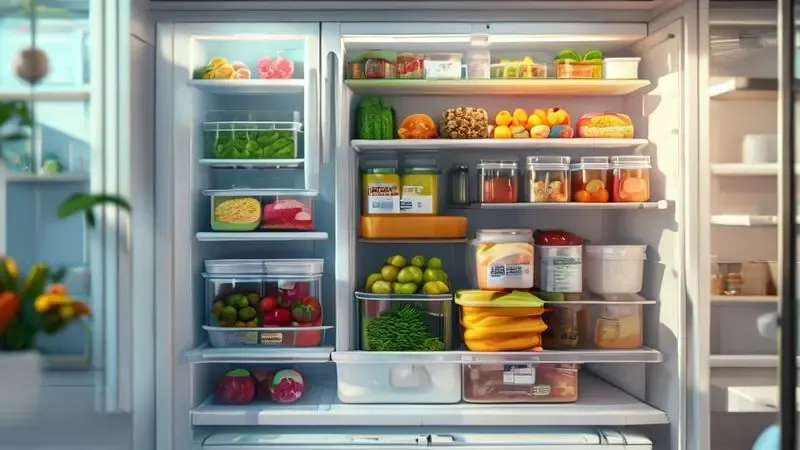Ilustração conceitual de geladeira organizada com alimentos frescos em potes hermeticamente fechados para prevenção de odores.