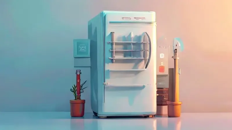 Ilustração conceitual de manutenção preventiva de geladeira com setas apontando áreas importantes para cuidado.