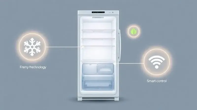 Ilustração conceitual destacando as principais características tecnológicas de uma geladeira moderna, como frost free e eficiência energética.