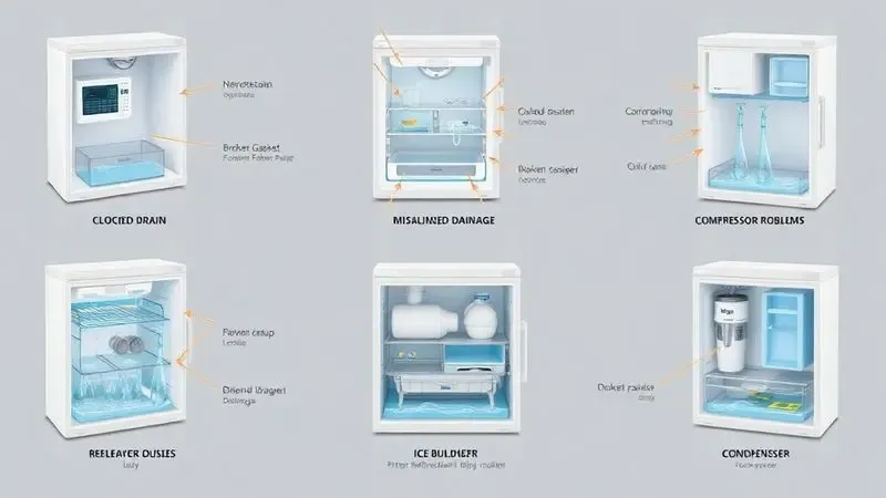 Ilustração conceitual mostrando as 6 principais causas de vazamento em geladeiras de forma visual.