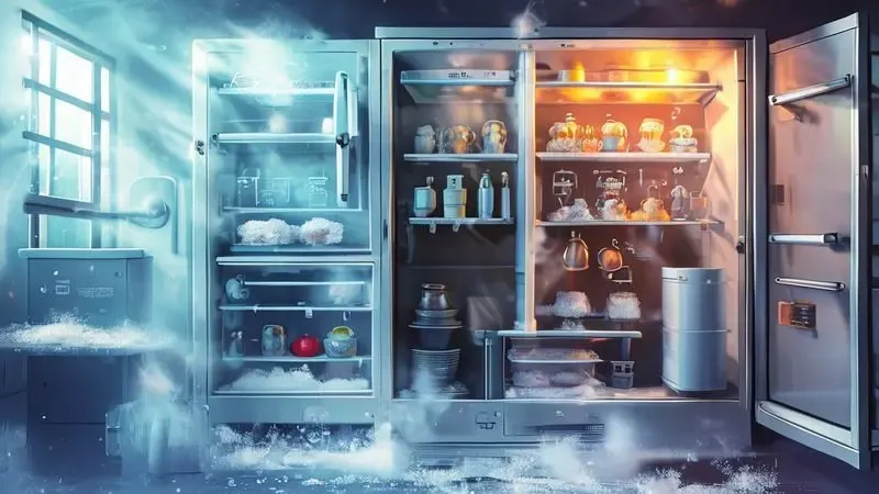 Diagrama conceitual ilustrando os princípios termodinâmicos e fluxo de ar frio dentro de um congelador