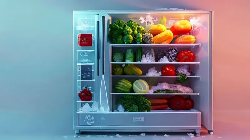 Ilustração conceitual mostrando problema de congelamento de legumes na geladeira devido à temperatura muito baixa