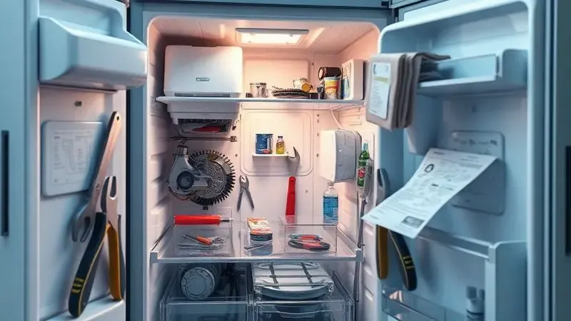 Ilustração conceitual mostrando problemas complexos de geladeira que exigem técnico profissional