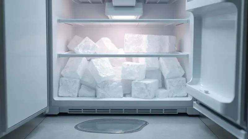 Ilustração conceitual mostrando problemas comuns em geladeiras frost-free: acúmulo excessivo de gelo e vazamento de água