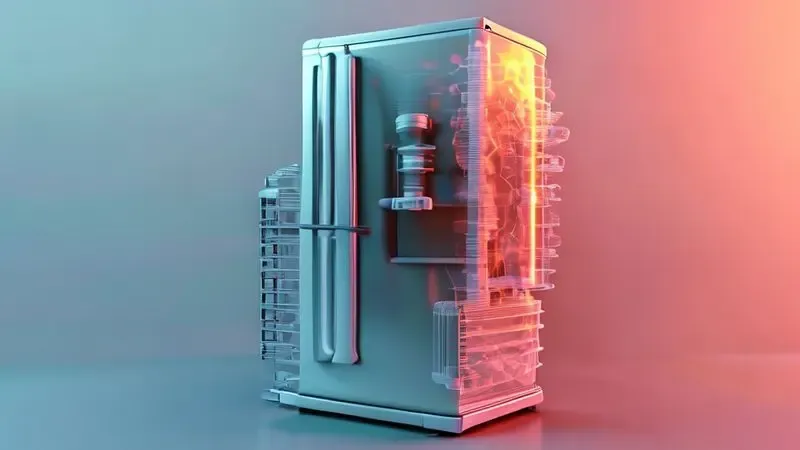 Visualização conceitual de problemas de vedação em geladeira, mostrando vazamentos de ar e isolamento térmico deficiente