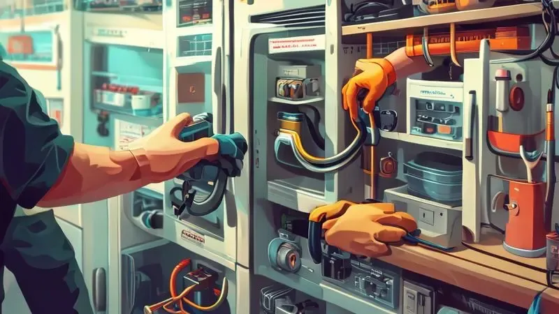 Ilustração conceitual dos procedimentos seguros para substituição do termostato da geladeira passo a passo
