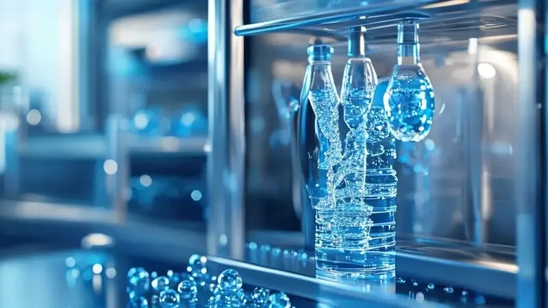 Ilustração conceitual do processo de filtração de água dentro de uma geladeira Electrolux, mostrando água limpa entrando no fabricador de gelo.