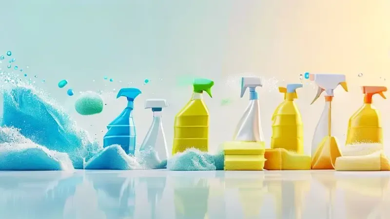 Ilustração mostrando o processo passo a passo de limpeza da geladeira com representações abstratas das etapas