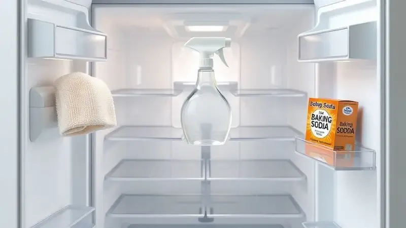 Ilustração conceitual do processo de limpeza da geladeira com produtos adequados