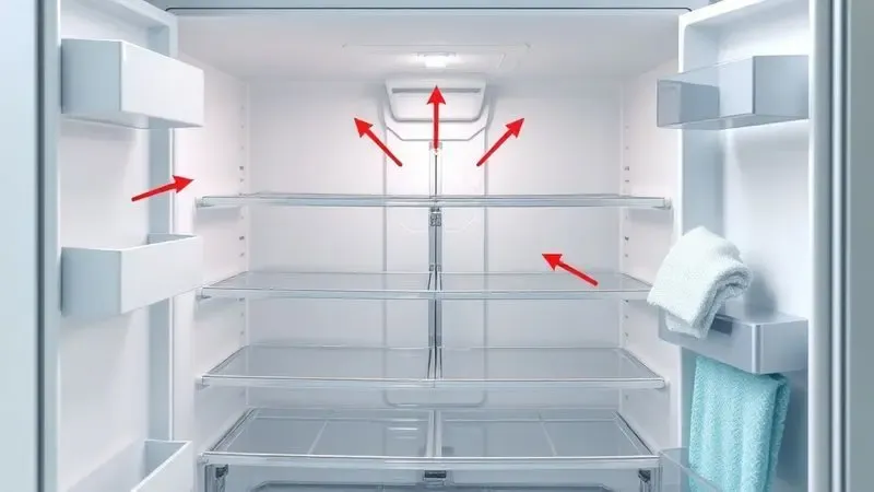 Ilustração conceitual do processo de limpeza profunda da geladeira mostrando diferentes áreas a serem higienizadas.