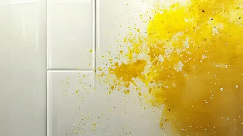 Ilustração conceitual do processo de oxidação que causa amarelamento em geladeiras brancas ao longo do tempo.