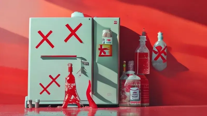 Ilustração conceitual mostrando produtos de limpeza agressivos que devem ser evitados para não danificar a geladeira.