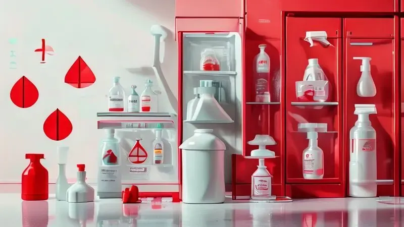 Representação conceitual de produtos de limpeza proibidos para uso em geladeiras com símbolos de alerta