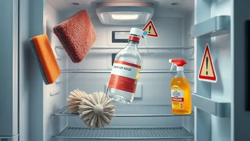 Ilustração de produtos perigosos para limpar geladeira com símbolos de alerta