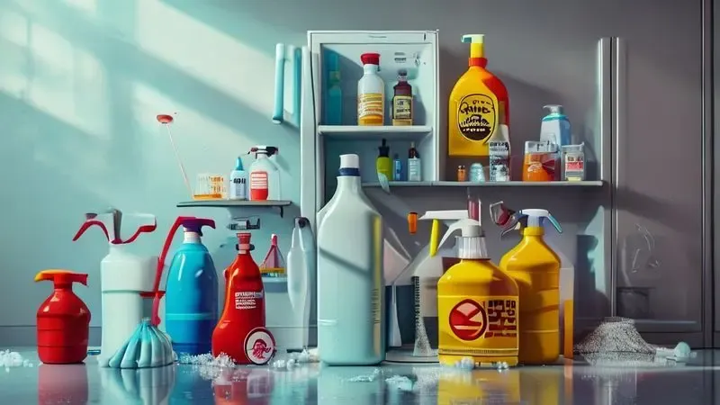 Ilustração conceitual de produtos de limpeza perigosos que podem danificar a geladeira.