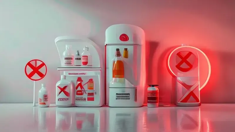 Ilustração conceitual mostrando produtos proibidos para limpeza da geladeira com símbolos de alerta.