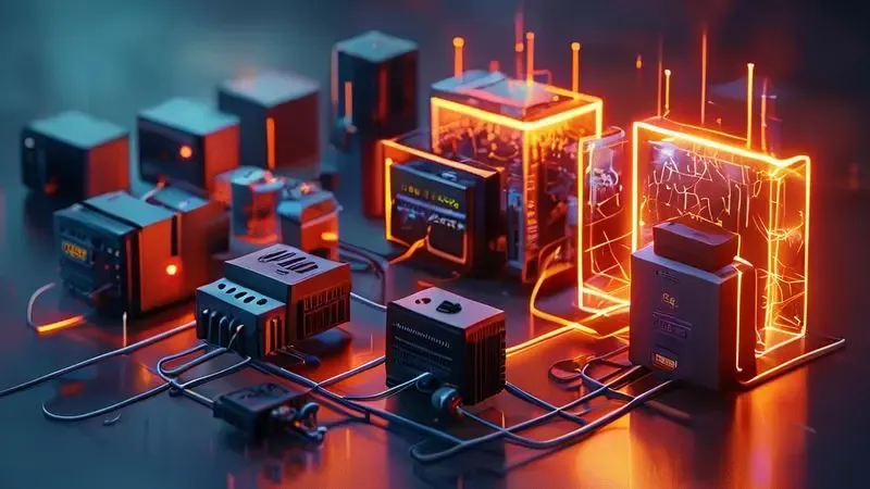 Ilustração conceitual de dispositivos de proteção elétrica como estabilizadores e protetores de surto.