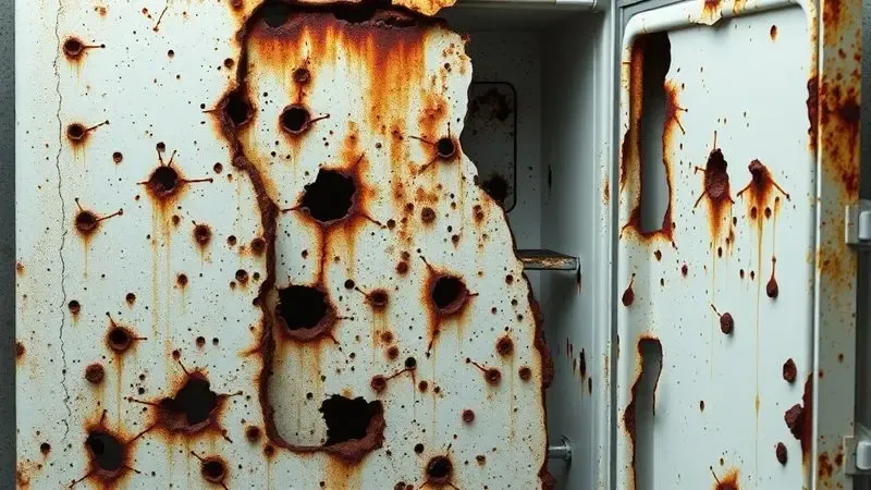 Geladeira com ferrugem avançada e danos irreversíveis que não vale a pena consertar.