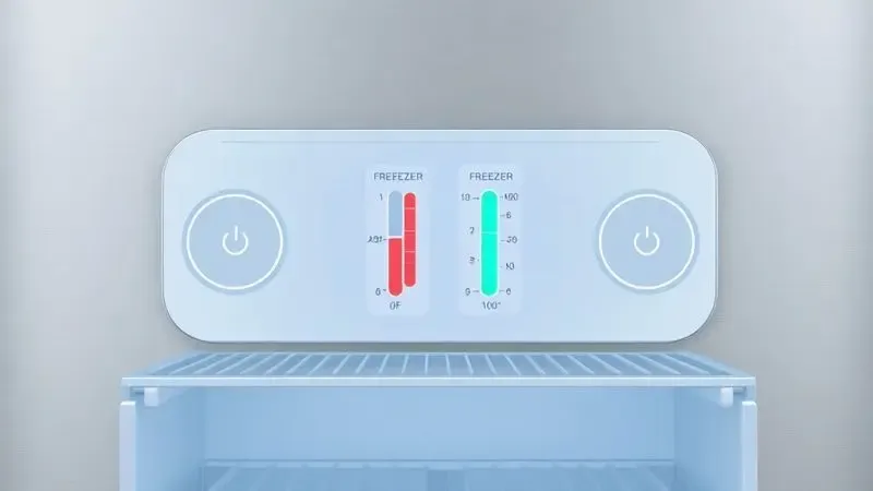 Ilustração mostrando configurações ideais de temperatura para geladeira e freezer após reset do sistema