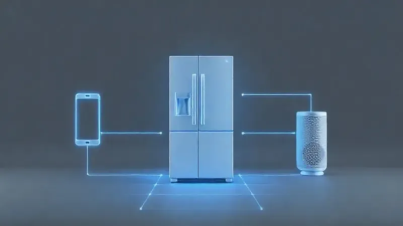 Ilustração conceitual de uma geladeira inteligente conectada a outros dispositivos, representando os recursos tecnológicos avançados do aparelho.