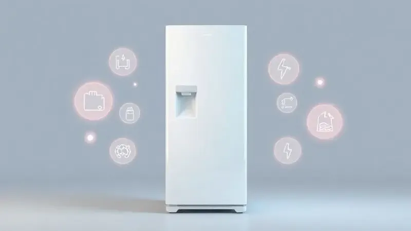 Ilustração conceitual 3D de uma geladeira moderna cercada por ícones que simbolizam seus principais recursos e tecnologias.