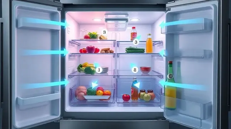 Render artístico mostrando o interior de uma geladeira com setas que ilustram o fluxo de ar e os recursos de refrigeração avançada e armazenamento.