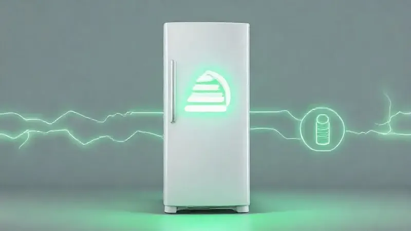 Render 3D conceitual de uma geladeira com símbolo de eficiência energética, representando economia de eletricidade e tecnologia sustentável.