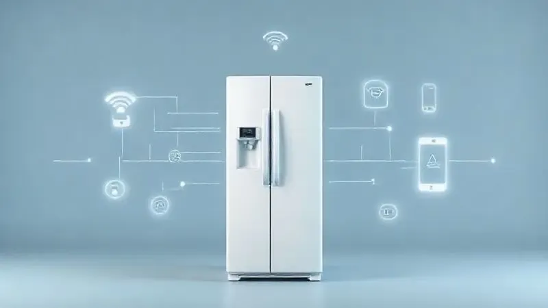 Render 3D de uma geladeira conectada à internet (IoT), com ícones de dados flutuantes representando a integração com casas inteligentes.