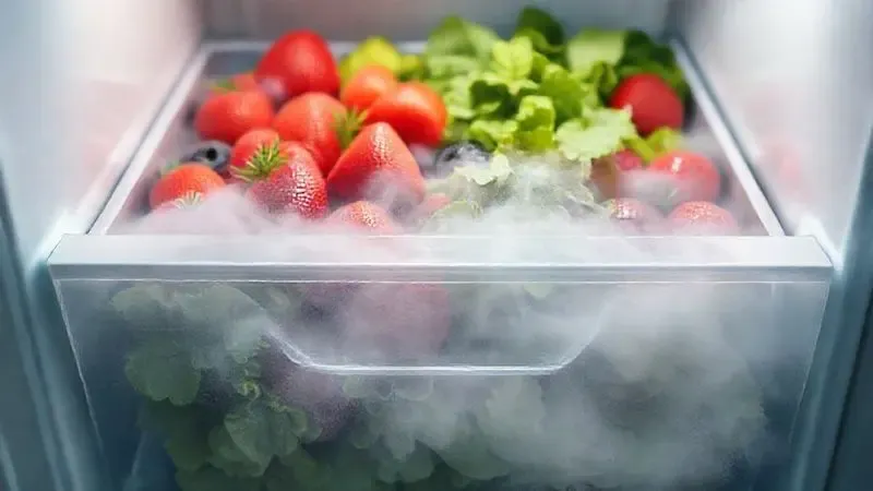 Renderização artística de alimentos frescos envoltos em uma névoa fria, simbolizando a preservação ideal da temperatura.