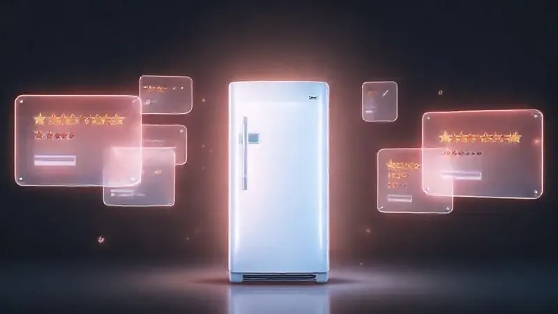 Ilustração artística representando a boa reputação online e as avaliações positivas de clientes da Panasonic, com ícones de satisfação.