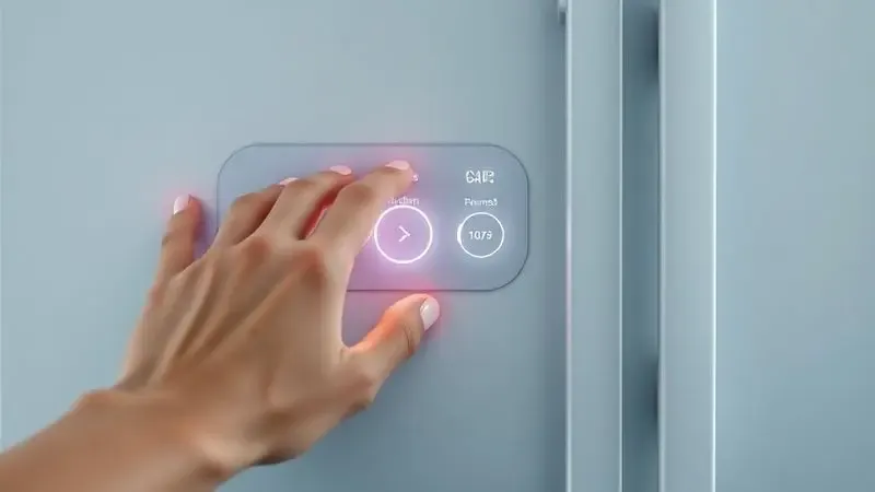 Mão pressionando botões do painel de controle de geladeira moderna para realizar soft reset.