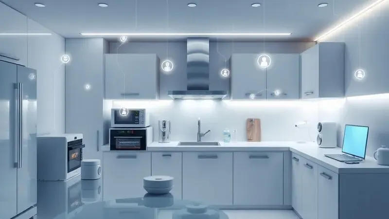 Cena conceitual ilustrando a revolução dos eletrodomésticos inteligentes interconectados em uma cozinha moderna
